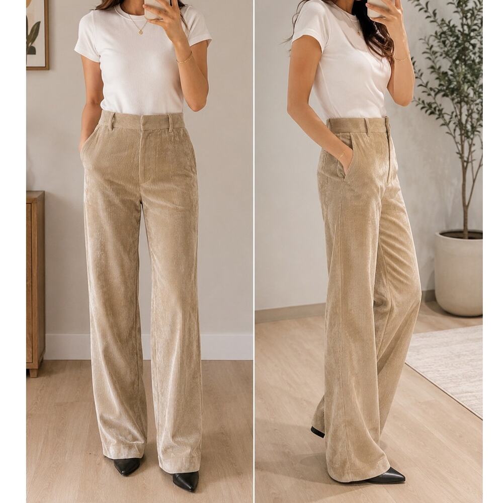 Brunello Cucinelli Viscose Soft Corduroy Wide Leg Pants Sz- 8 Beige Light Weight